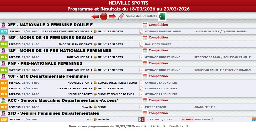 Matchs volley-ball du 18 au 23 mars  2026