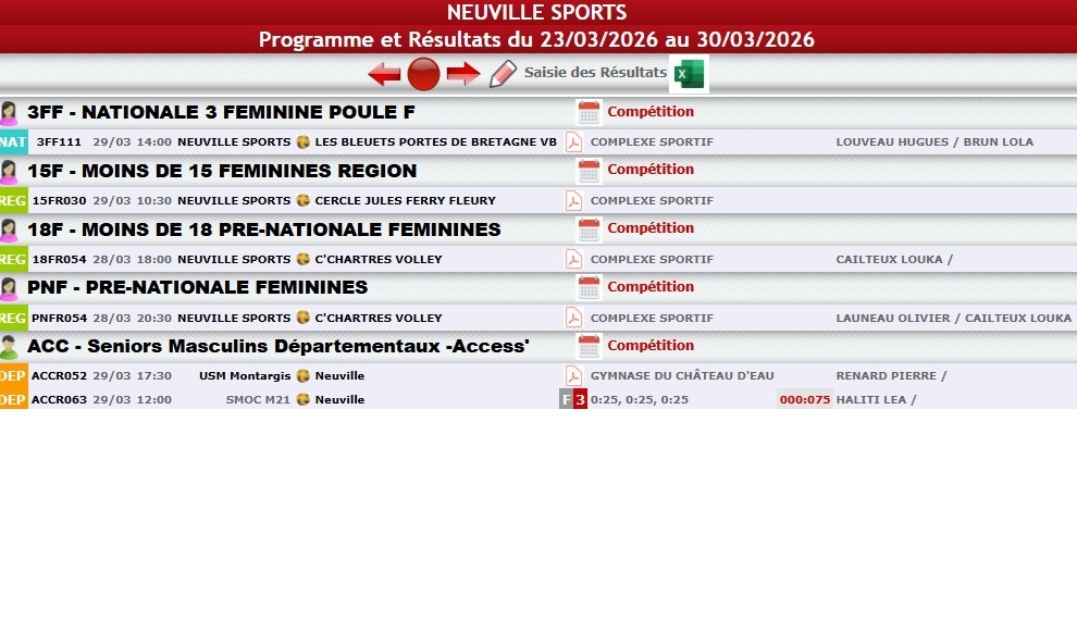 Matchs volley-ball du 23 au 30 mars  2026